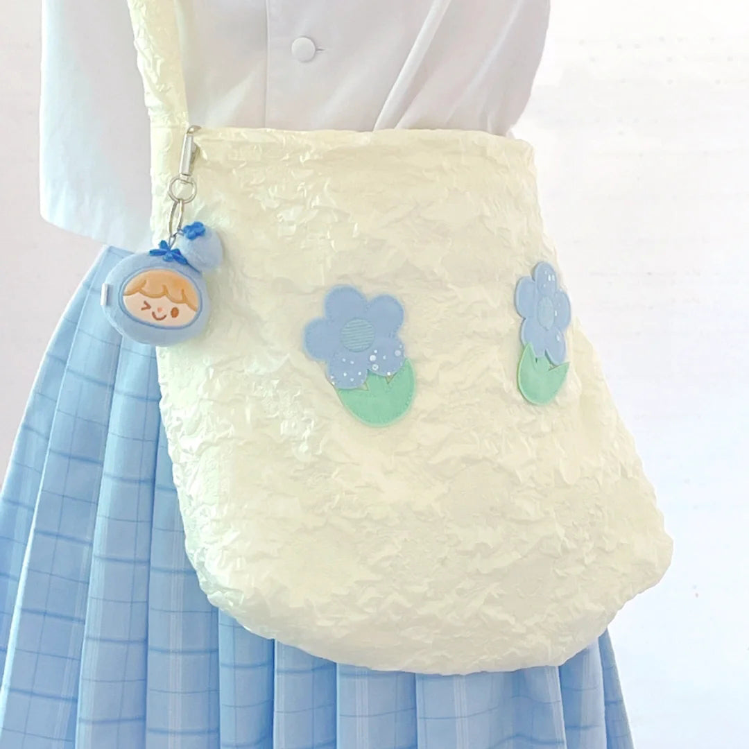 Blue Flower Convertible Tie Up Shoulder Tote Bag