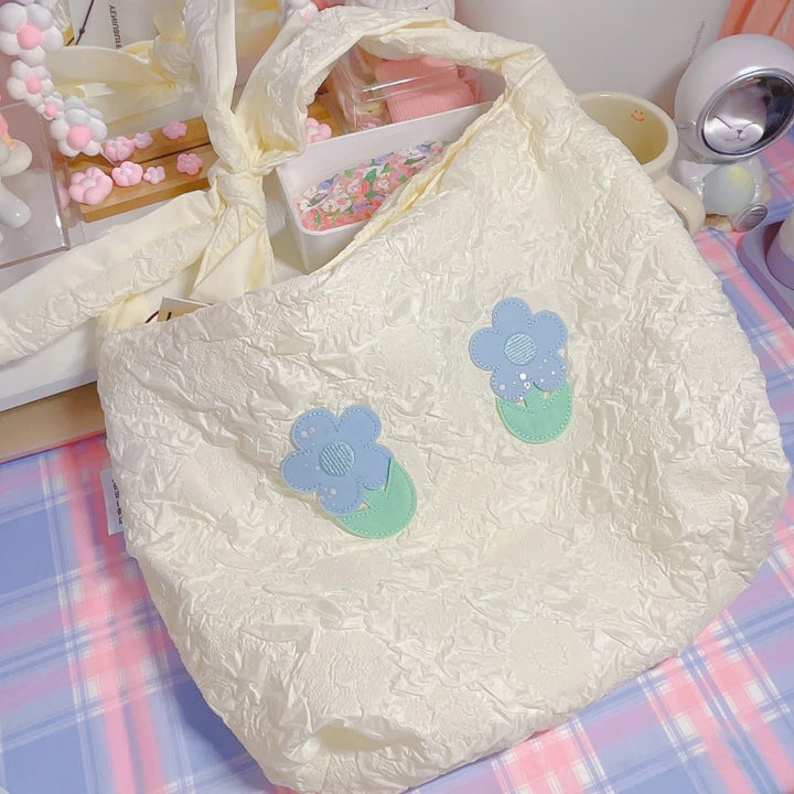 Blue Flower Convertible Tie Up Shoulder Tote Bag