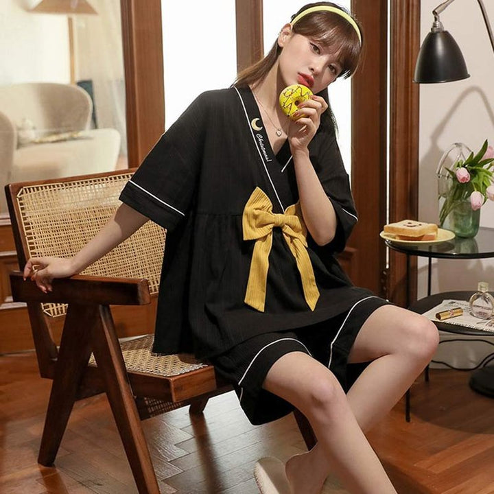 Cartoon Print Bow Knot V-neck Cotton Summer Pajamas Set